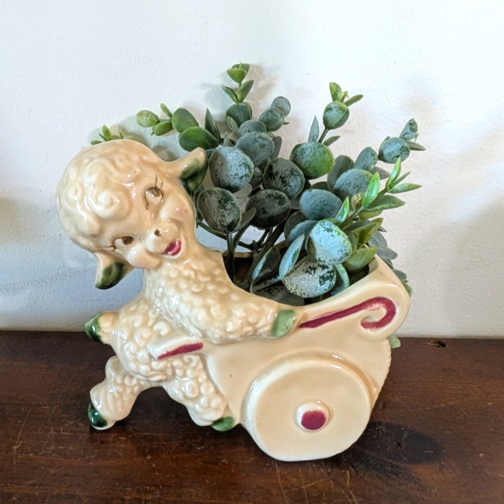 Vintage Mid Century Ceramic Lamb Pushing a Cart Planter Farmhouse Decor Cottage